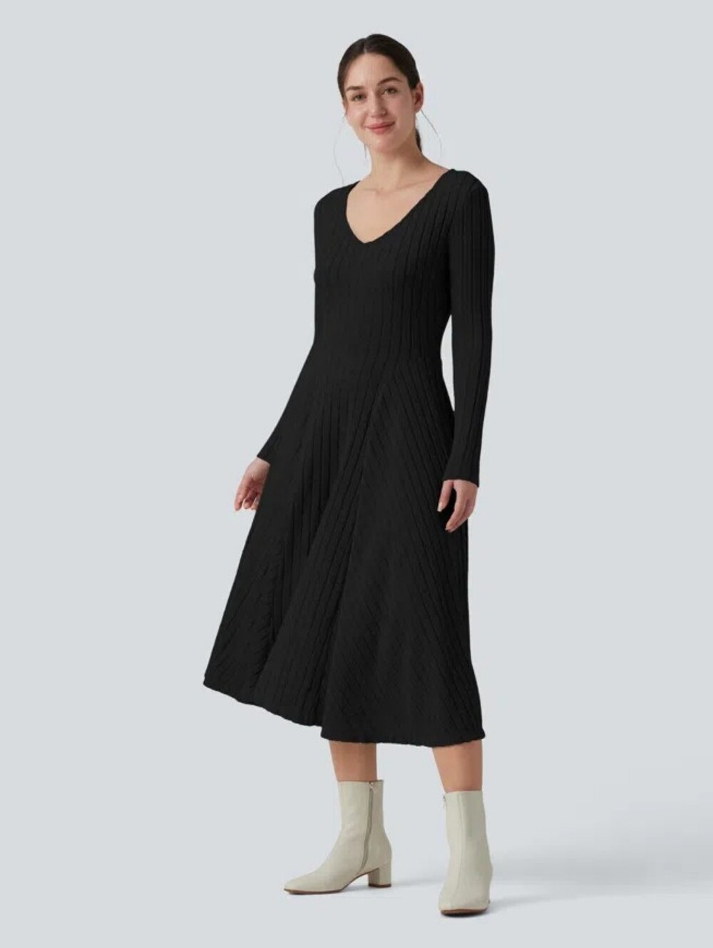 Halara Rib Knit V Neck Midi Dress Fit Flare Long Sleeve Black LG Babydoll